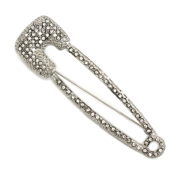 925 Sterling Silver Safety Pin Brooch/Pendant Necklace With White Cubic Zirconia